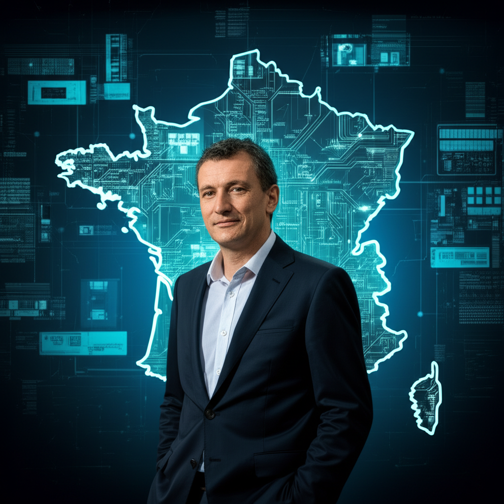 Illustration of Xavier Niel standing before a futuristic map of France with glowing AI circuits, symbolizing a €200 million investment for national AI sovereignty and leveraging NVIDIA hardware