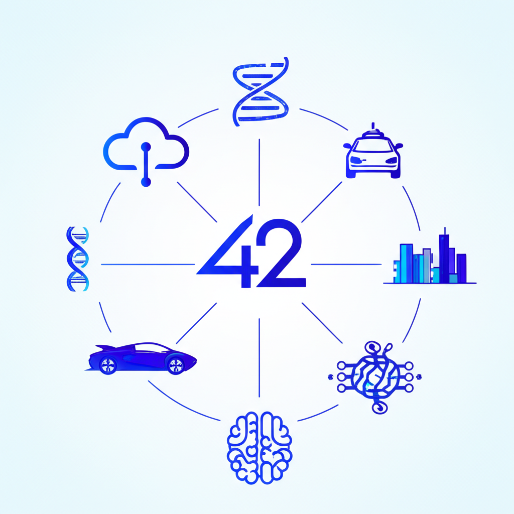 Network of tech icons including cloud, DNA, smart city, autonomous vehicle, and AI brain connected to G42 logo