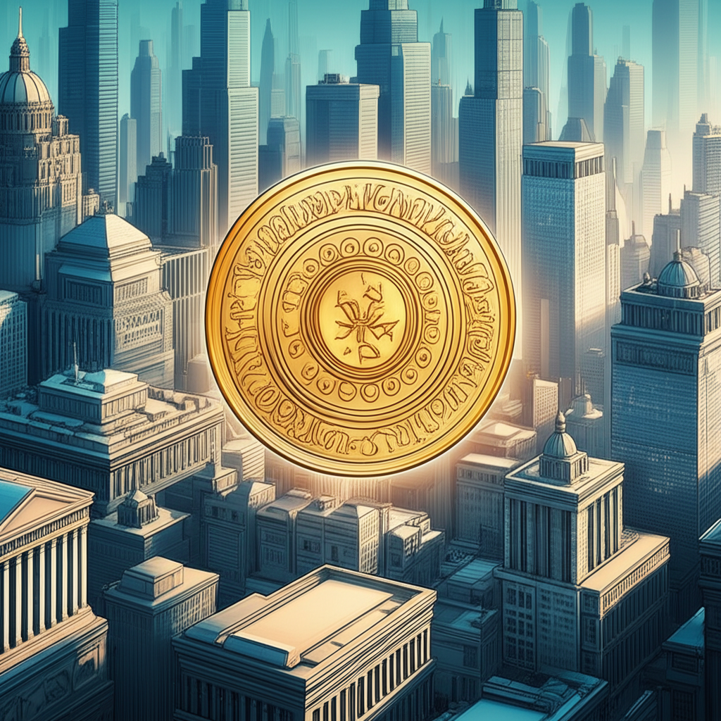 Illustration of a mysterious, glowing medallion hovering over a vast, intricate financial cityscape, symbolizing the Medallion Fund's unmatched legend and its enigmatic exclusivity to external investors