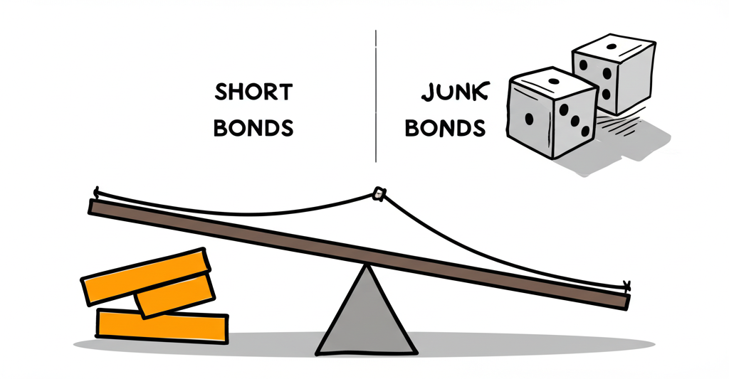 Illustration contrasting short, sturdy bonds with long, flexible bonds on a seesaw, symbolizing duration. Next to them, 'junk bonds' depicted as high-reward, high-risk dice, in an illustration style