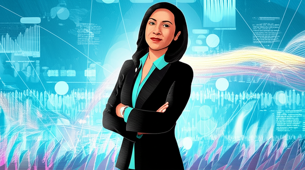 Illustration of Gabriela Santos, a confident Global Market Strategist at J.P. Morgan, standing amidst a dynamic global economic landscape, with charts and data flowing, symbolizing investment insights and thought leadership