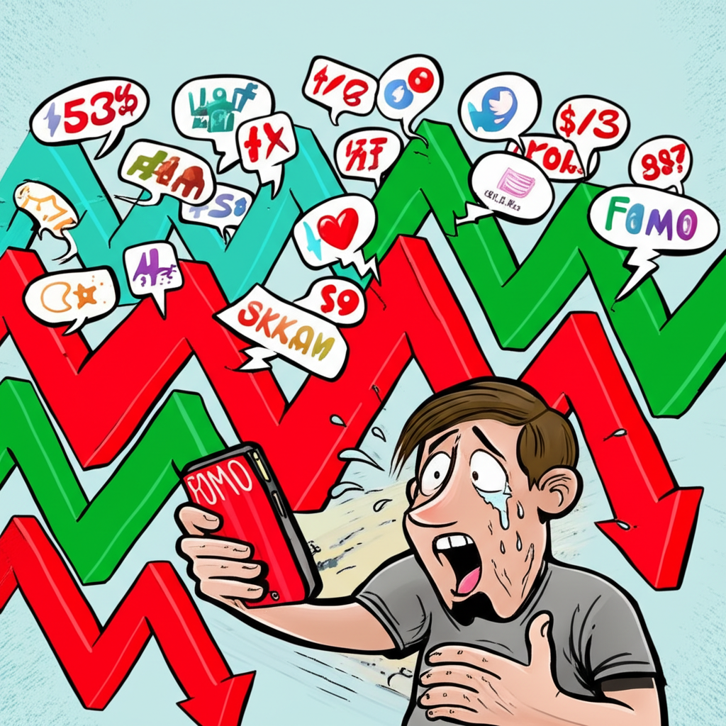 Illustration of a chaotic stock market with extreme upward and downward arrows, social media bubbles, and an investor character showing FOMO, depicting meme stock volatility