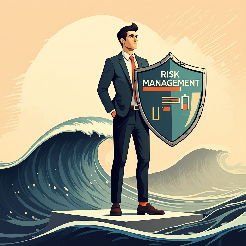 Trader standing on stable platform amidst market volatility holding a shield labeled Risk Management