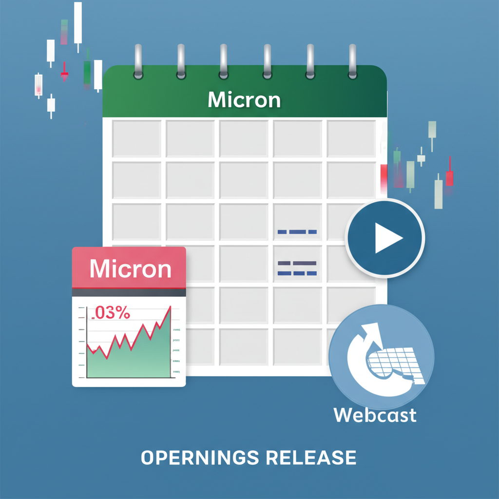 Digital calendar showing Micron's upcoming earnings date with stock charts and webcast icon for investor calls