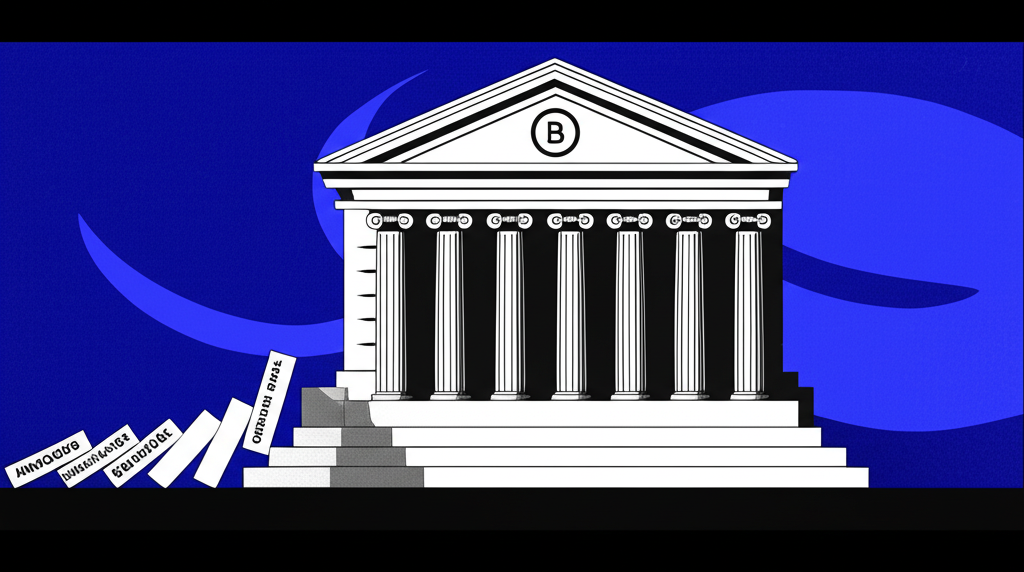 Illustration depicting a timeline of financial setbacks for a large bank, with abstract representations of 'Archegos Capital' and 'Greensill Capital' as falling dominoes impacting the bank's foundation, highlighting risk management failures.