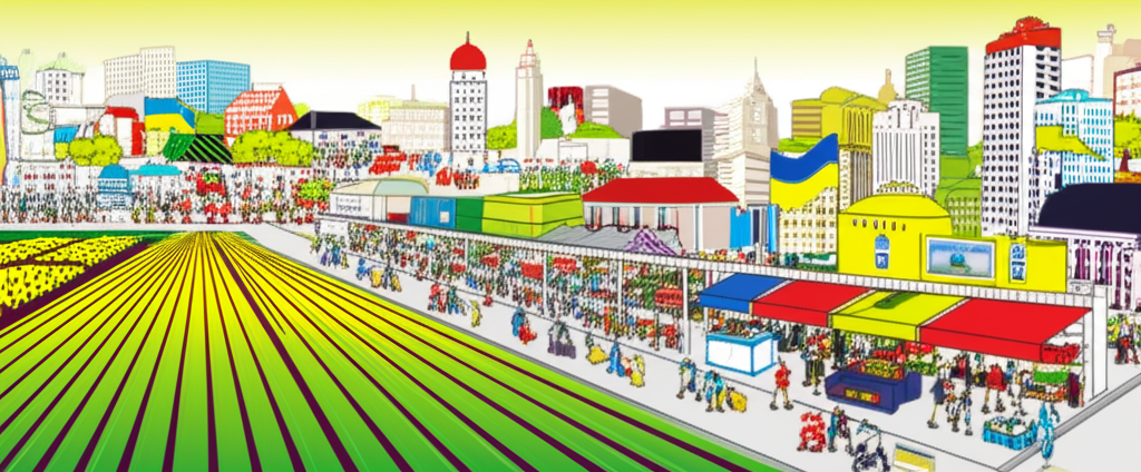 Illustration of Ukraine's diverse markets showing agricultural fields, financial graphs, and consumer activity in a resilient economy