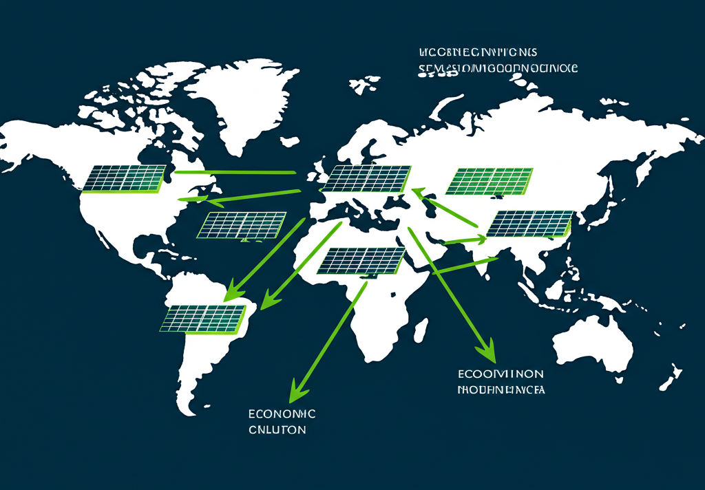 Infographic-style illustration showing global trends in solar investment including climate action, energy independence, and economic expansion