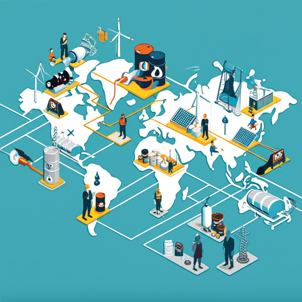 Illustration of the global energy trading network showing interconnected pipelines, power grids, and energy flows across continents