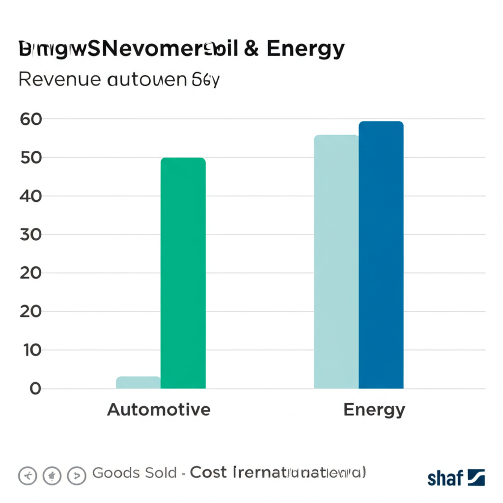 Bar chart illustration showing Tesla's revenue breakdown between automotive and energy segments, highlighting profitability, cost management, and segment growth