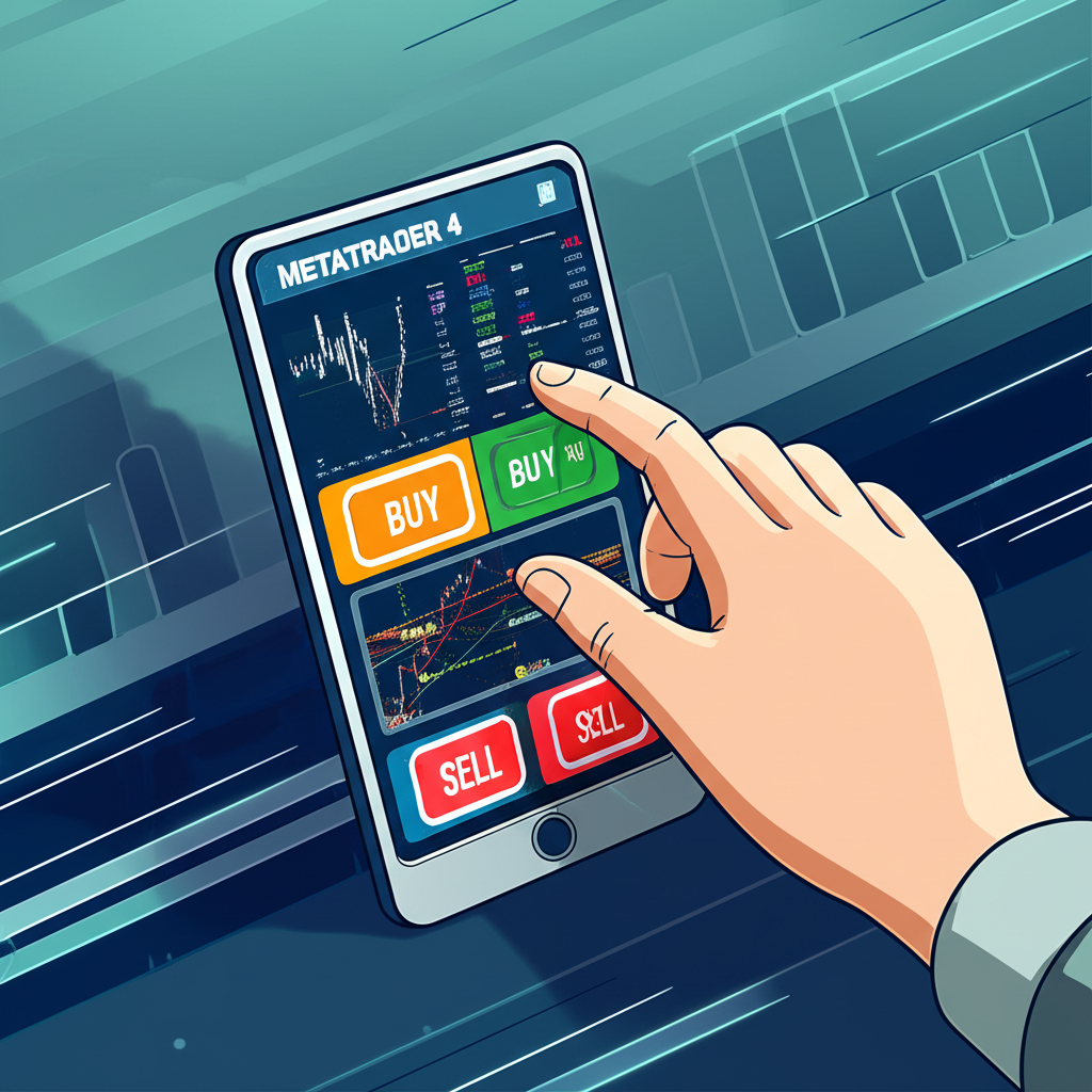 Illustration of a trader quickly executing a trade on an MT4 platform, with speed lines and financial charts in the background, emphasizing the fast-paced nature of Forex and CFD trading, in a modern, clean illustration style.