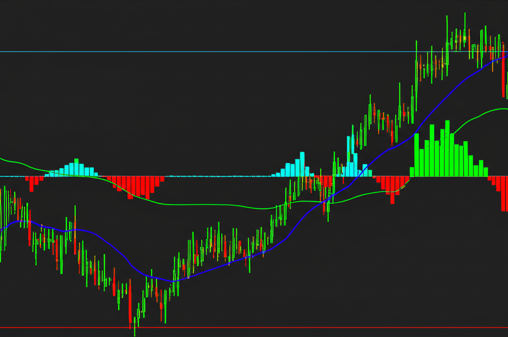 An illustration depicting a financial chart with MACD lines and histogram, showing dynamic price movements and trend changes, representing the MACD indicator as a versatile tool for traders in various markets.