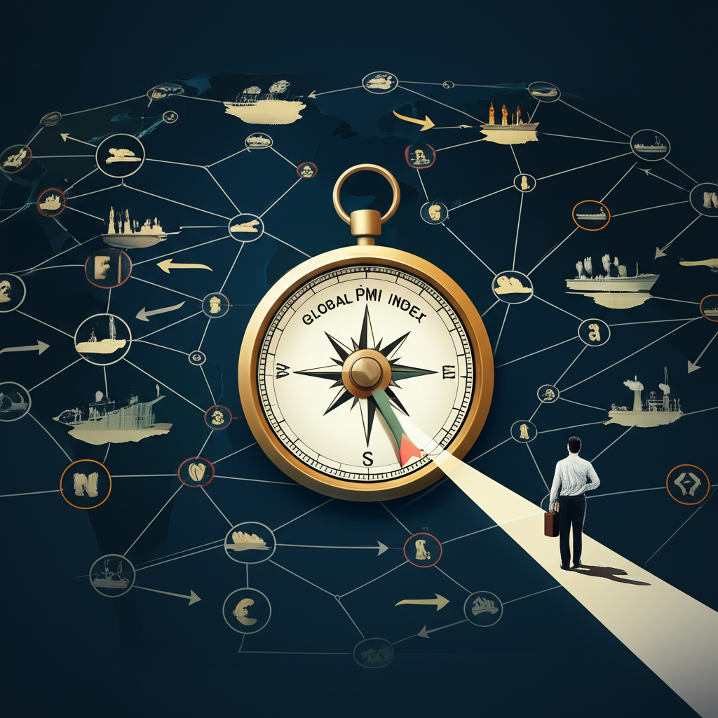 Illustration of a global economic web with a compass labeled 'Global PMI Index' guiding through complex forces