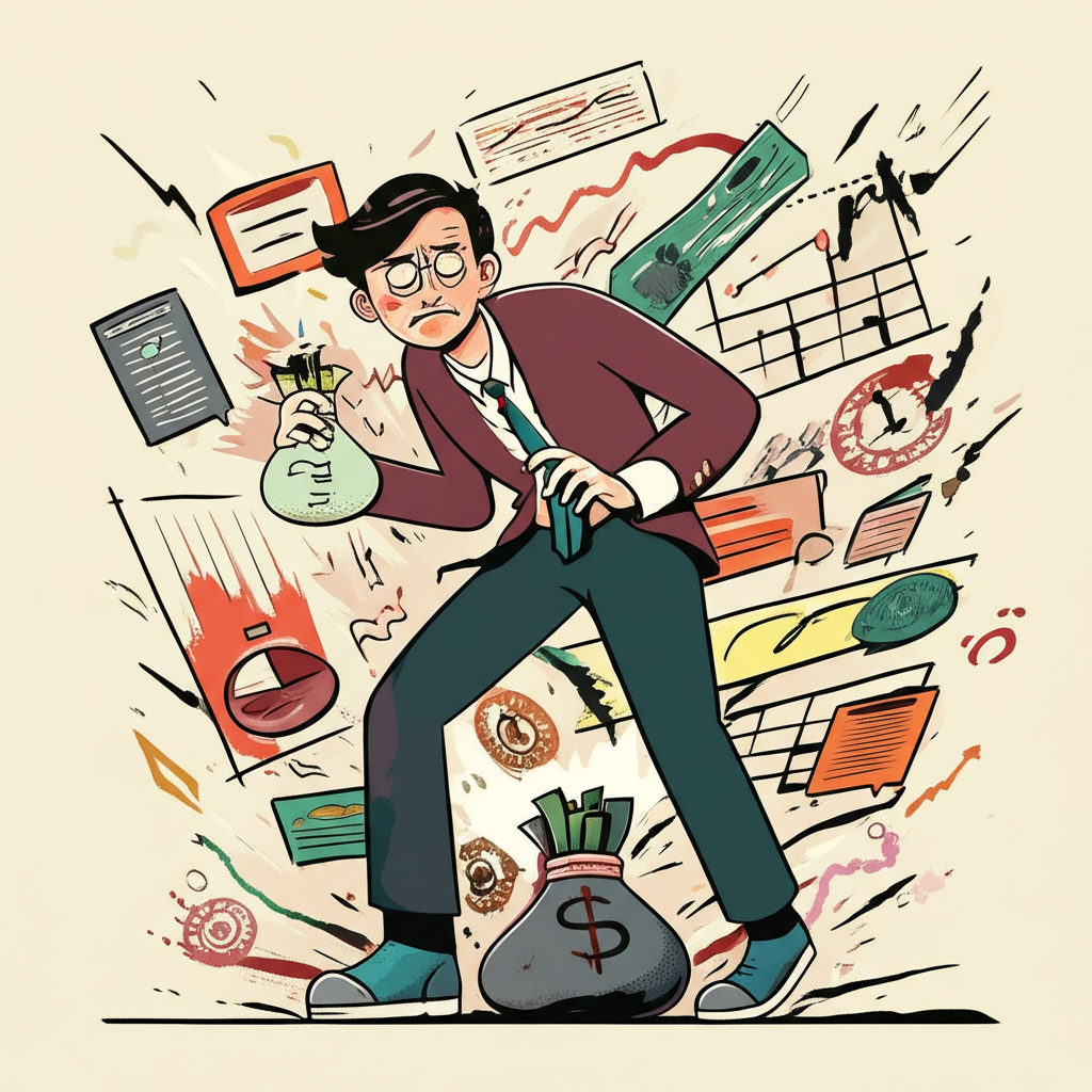 A trader navigating a stormy stock market with chaotic charts and shrinking capital