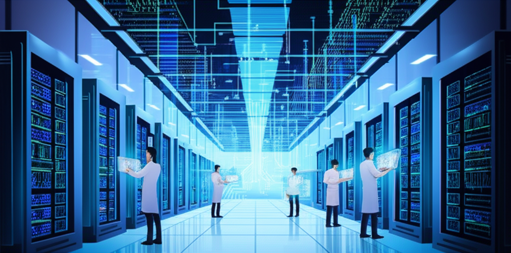 Illustration of a massive, sleek AI supercomputer facility in France, with data streams and researchers, representing the €200 million investment fueling advanced R&D and the training of complex AI algorithms