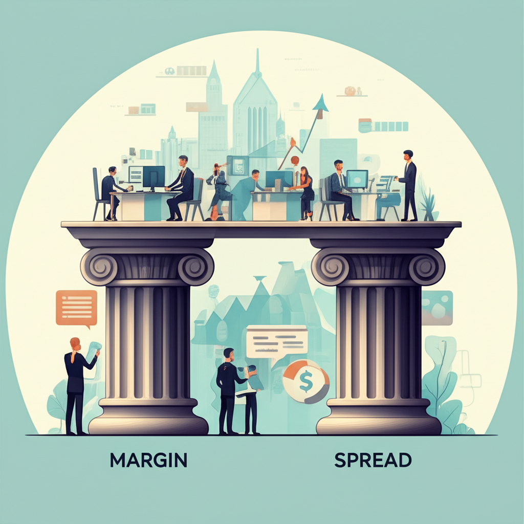Illustration of two distinct but interconnected pillars labeled 'Margin' and 'Spread' supporting a financial market landscape with traders and bankers, symbolizing informed decisions and profitability