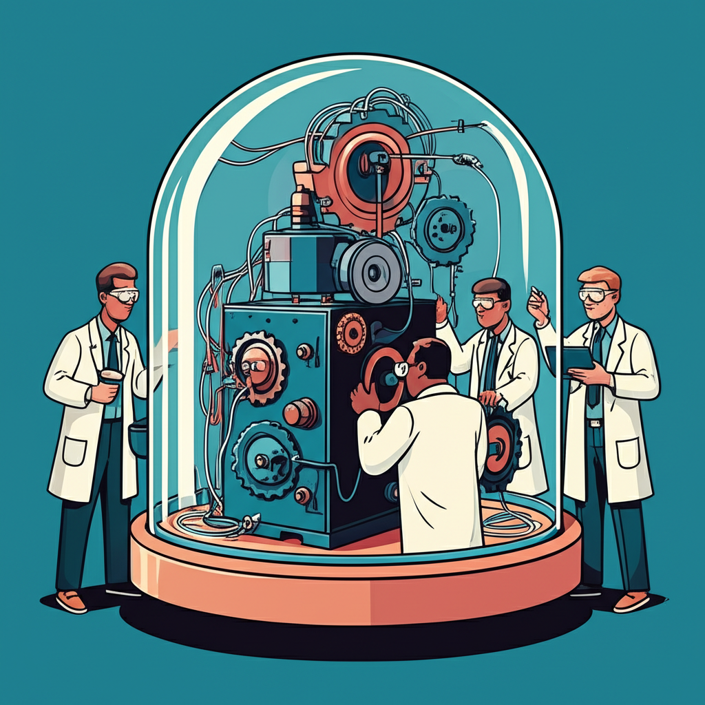 Illustration showing a complex financial mechanism being carefully adjusted and protected by a group of skilled engineers, representing the strategic decision to make the Medallion Fund employee-exclusive to preserve its competitive edge
