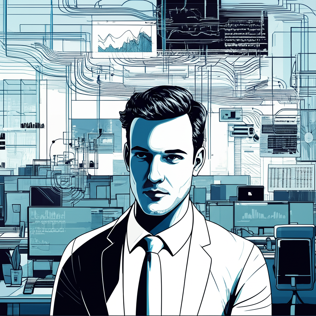 Illustration of Darius Dale in a professional environment surrounded by data flows and quantitative models, emphasizing his systematic approach to macro analysis