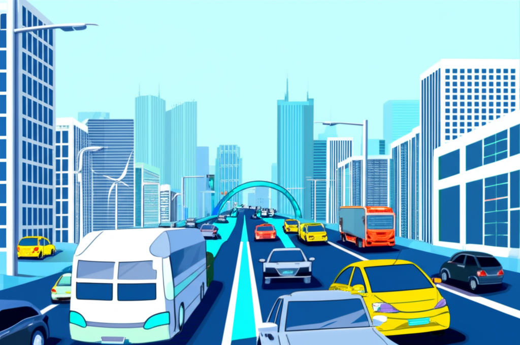 Illustration of a bustling cityscape with vehicles and renewable fuels flowing into infrastructure, symbolizing rising demand for sustainable alternatives to fossil fuels