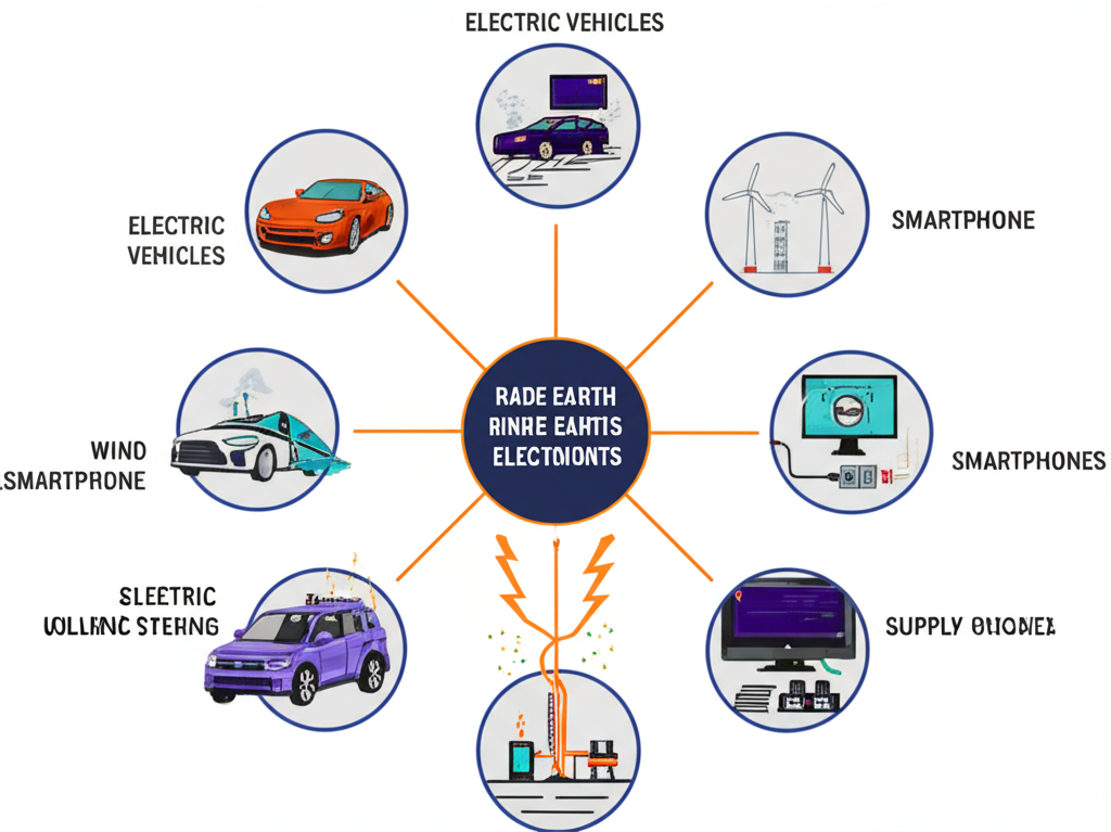 Visual representation of rare earth minerals in electric vehicles, wind turbines, and defense tech, showing supply chain concentration risks