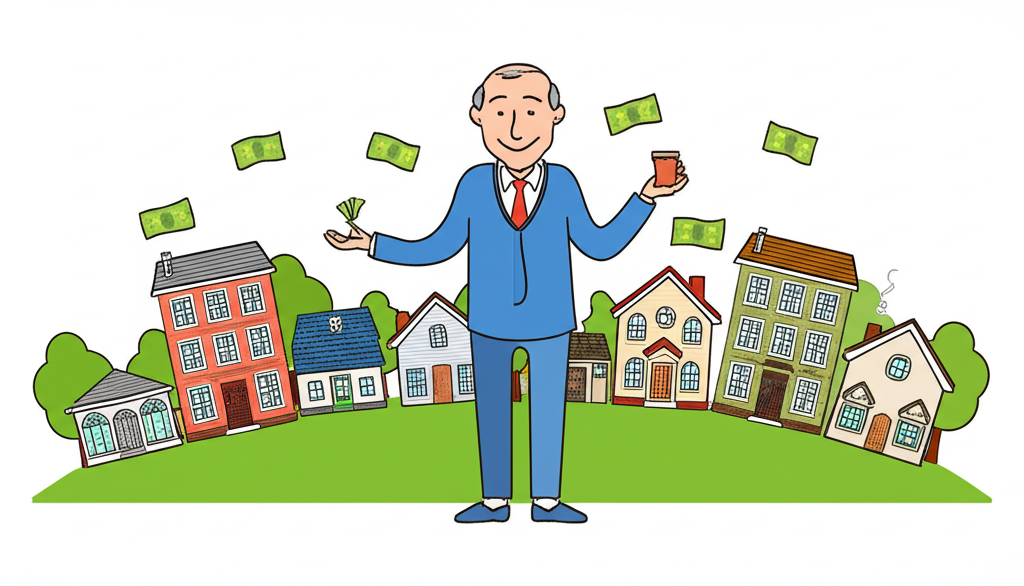 Illustration of an investor receiving a steady stream of dividend income from various real estate properties