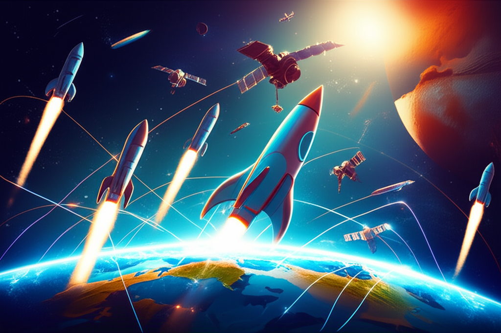 Illustration of a vibrant space economy with rockets launching, satellites orbiting Earth, and futuristic cities on celestial bodies, all connected by glowing data lines, symbolizing innovation and global connectivity, in a bright, optimistic style.