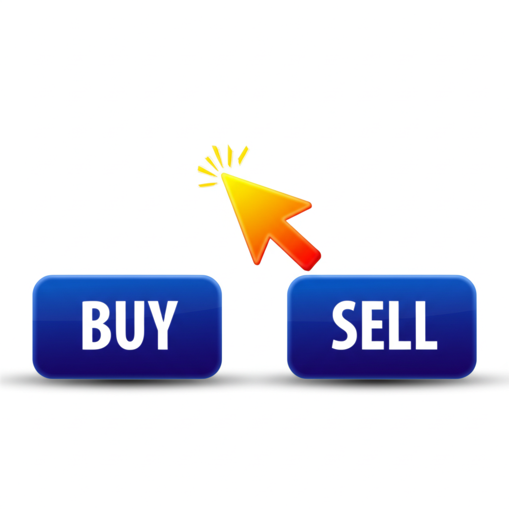 Illustration of a simplified MT4 trading interface with a single 'Buy' or 'Sell' button, a cursor hovering, and market order execution happening instantly, conveying streamlined, rapid trade entry, illustration style.