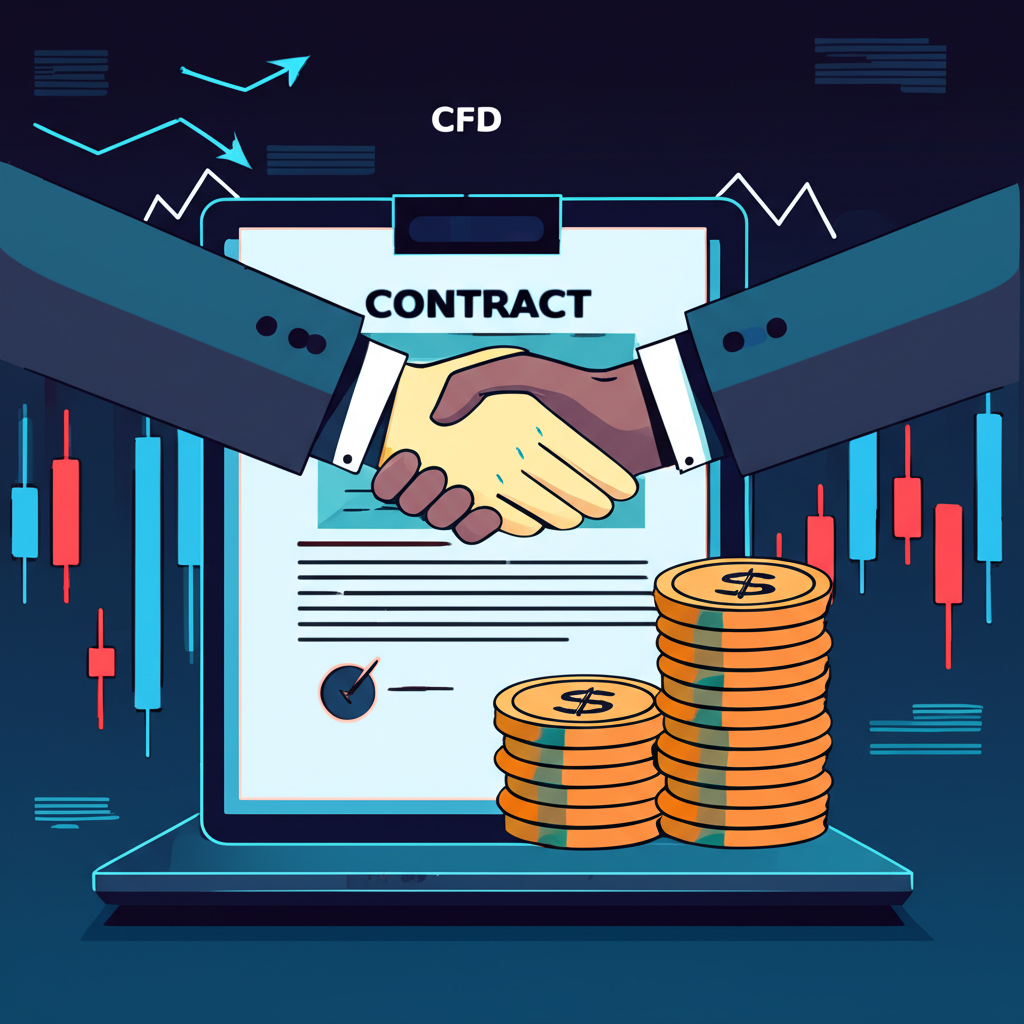 Illustration of a CFD trade with hands shaking over a digital contract, price arrows, and leverage effect