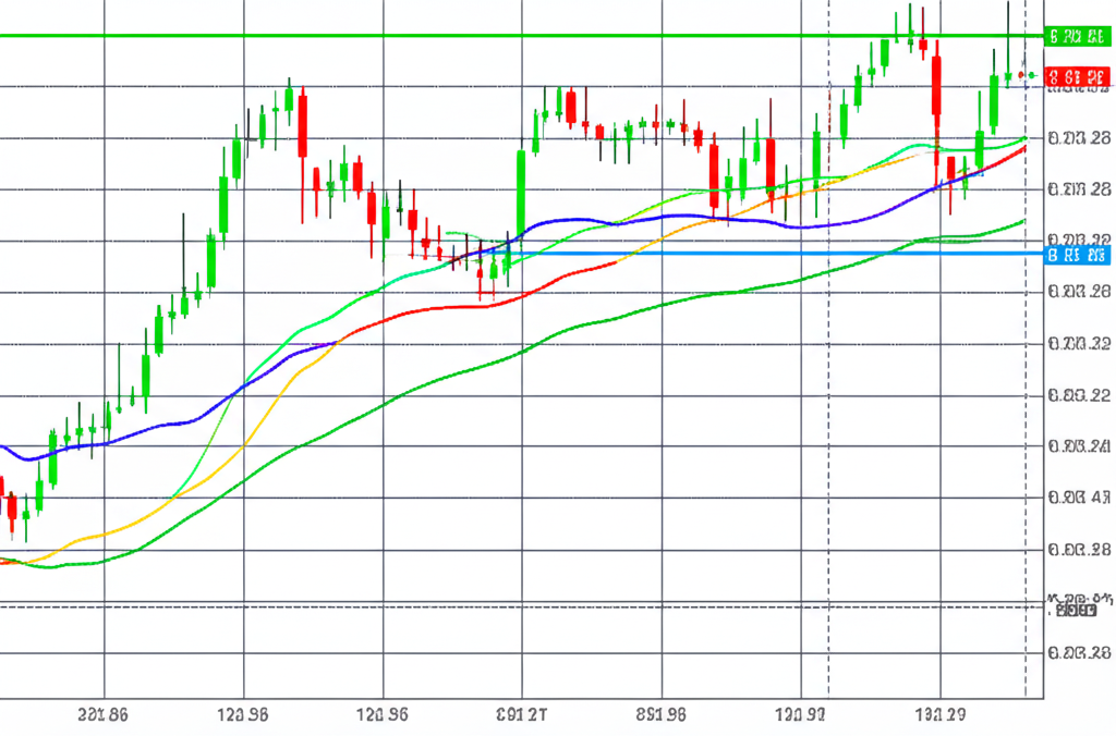 Technical indicators like moving averages and crossovers on a stock chart for scalping