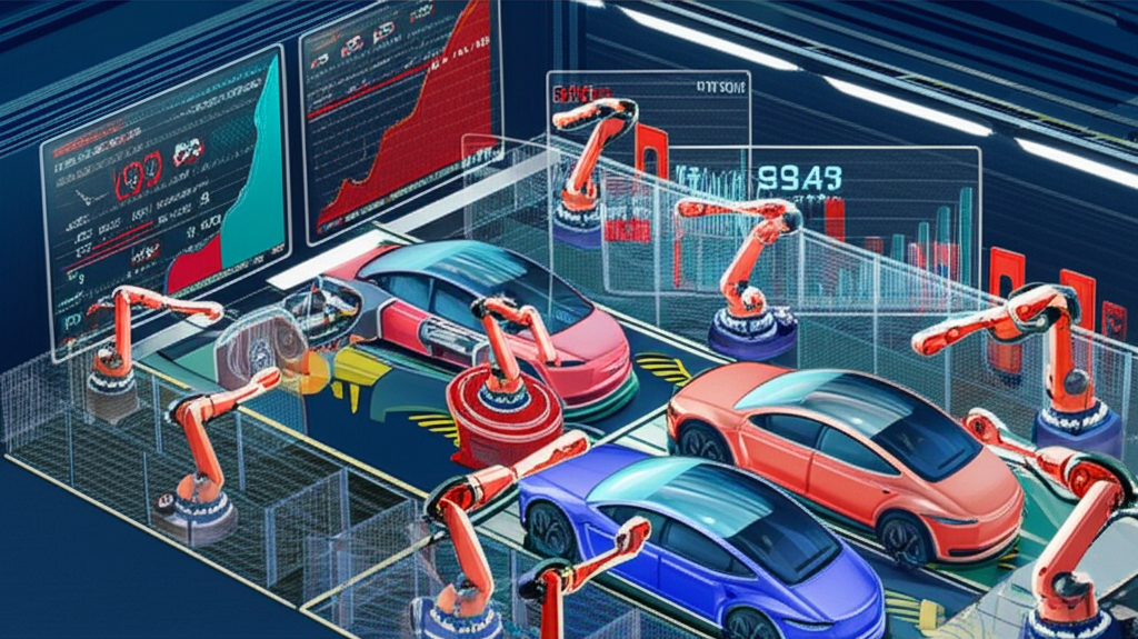 Visualization of Tesla's financial performance with production data, revenue trends, and margin fluctuations