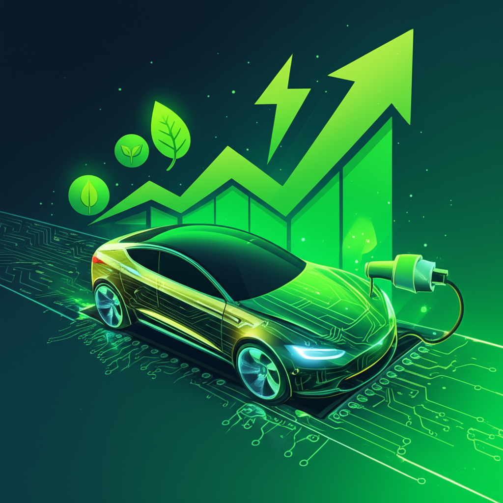 Futuristic electric car on circuit board road with growth charts and green energy symbols