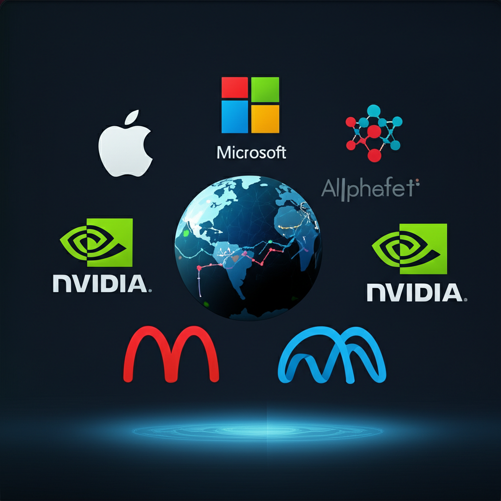 Illustration of the Magnificent 7 tech giants with financial charts and global economy symbols