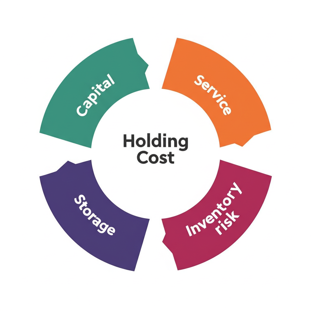 Visual breakdown of holding cost components: capital, storage, service, and inventory risk, with icons showing sub-elements like interest, rent, insurance, and shrinkage
