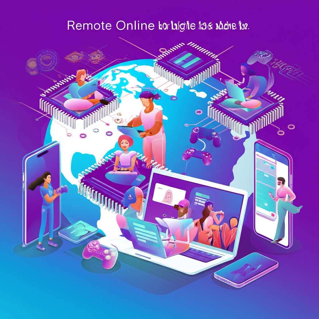 Illustration of remote work, online learning, and gaming during pandemic with chips flowing into devices