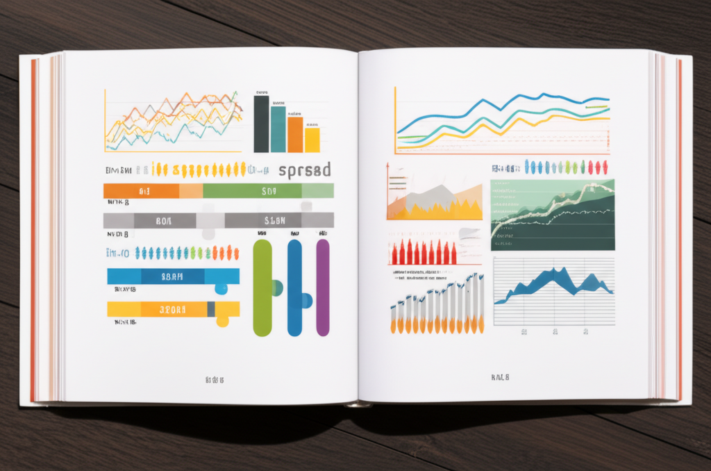 An illustrative guide book opening up to reveal charts, calculations, and financial symbols, with concepts of margin and spread clearly depicted