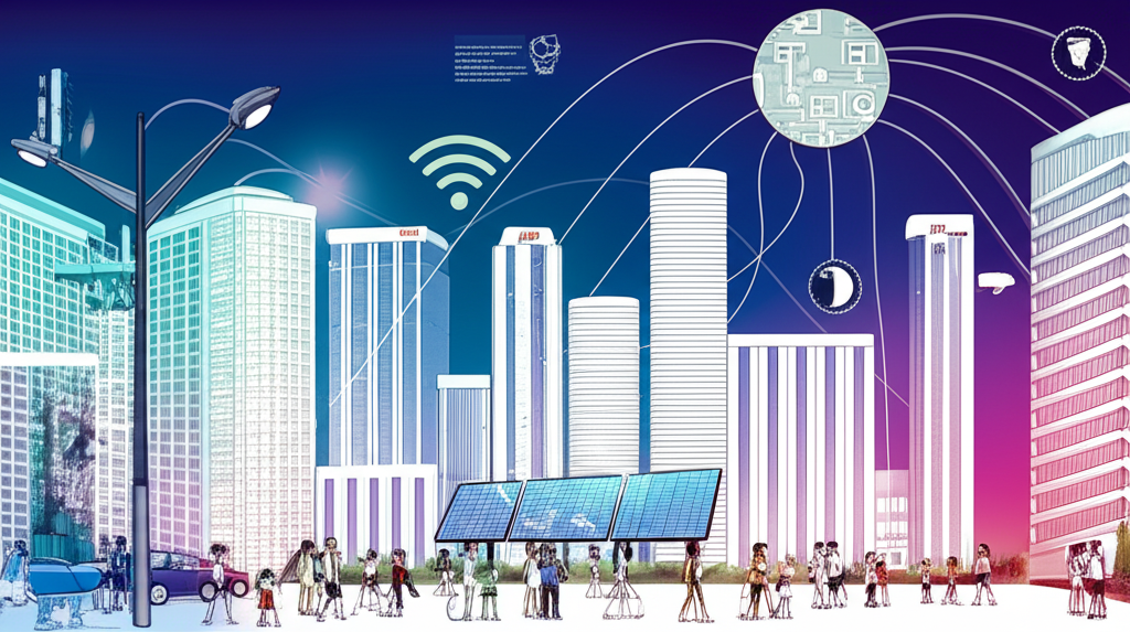 Smart city with electronic sensors and IoT devices collecting data to optimize urban resources and services