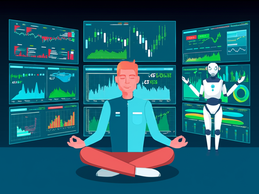 Calm trader meditating while an EA manages multiple trading screens, showing backtesting success, diversification, and emotional discipline