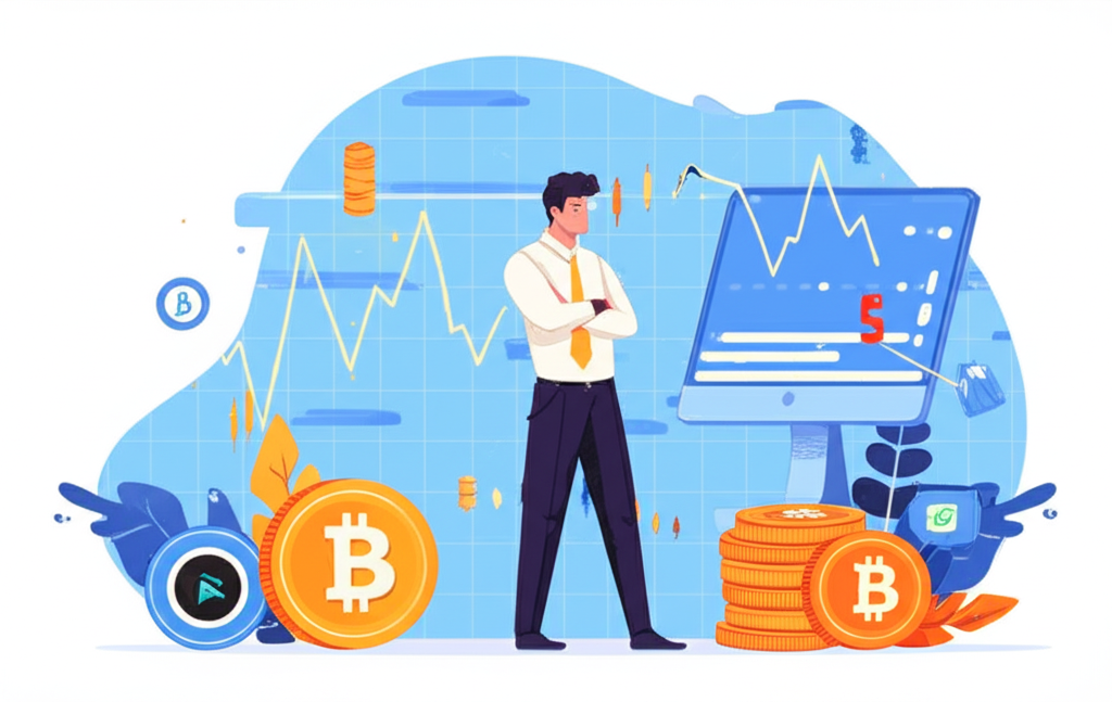 Illustration of a trader navigating volatile Bitcoin markets with charts and risk-reward balance