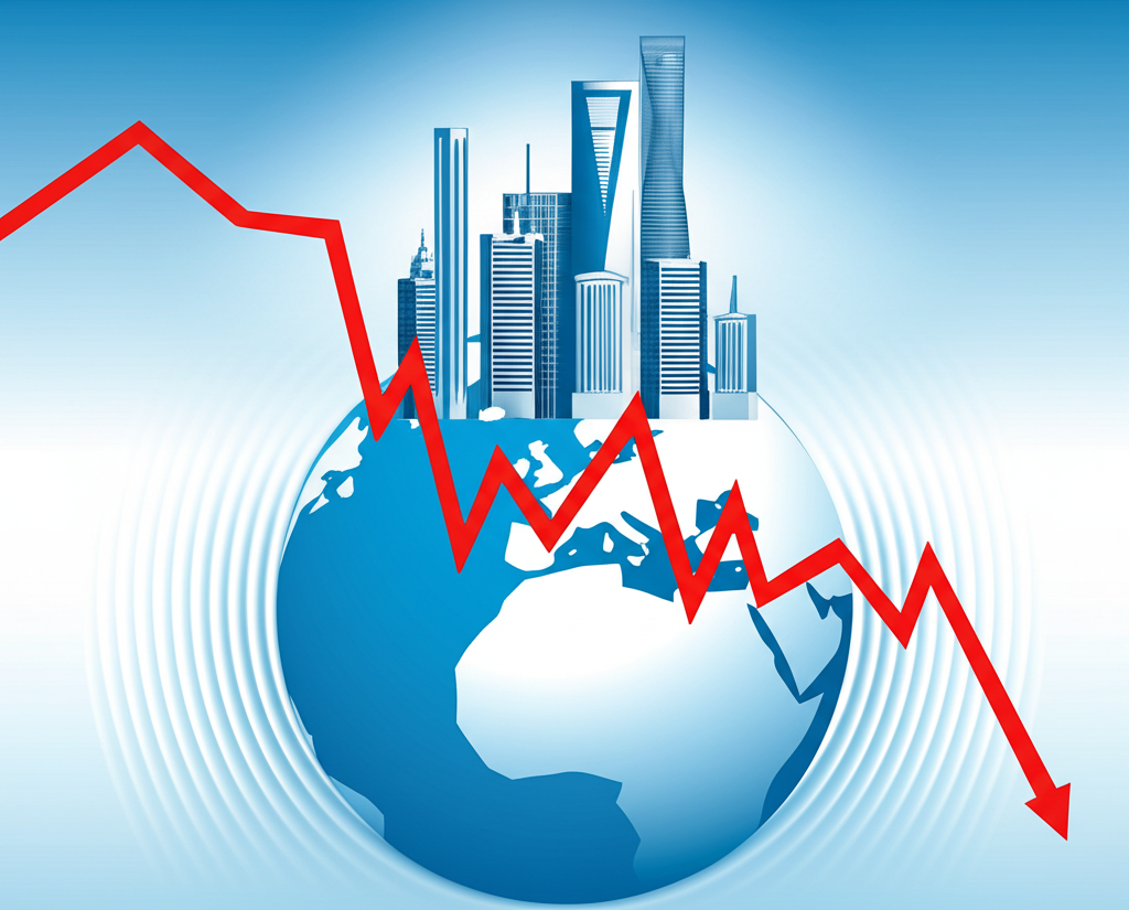 Illustration of China's economic growth with rising skyscrapers and a volatile stock market chart showing sharp declines with global ripples