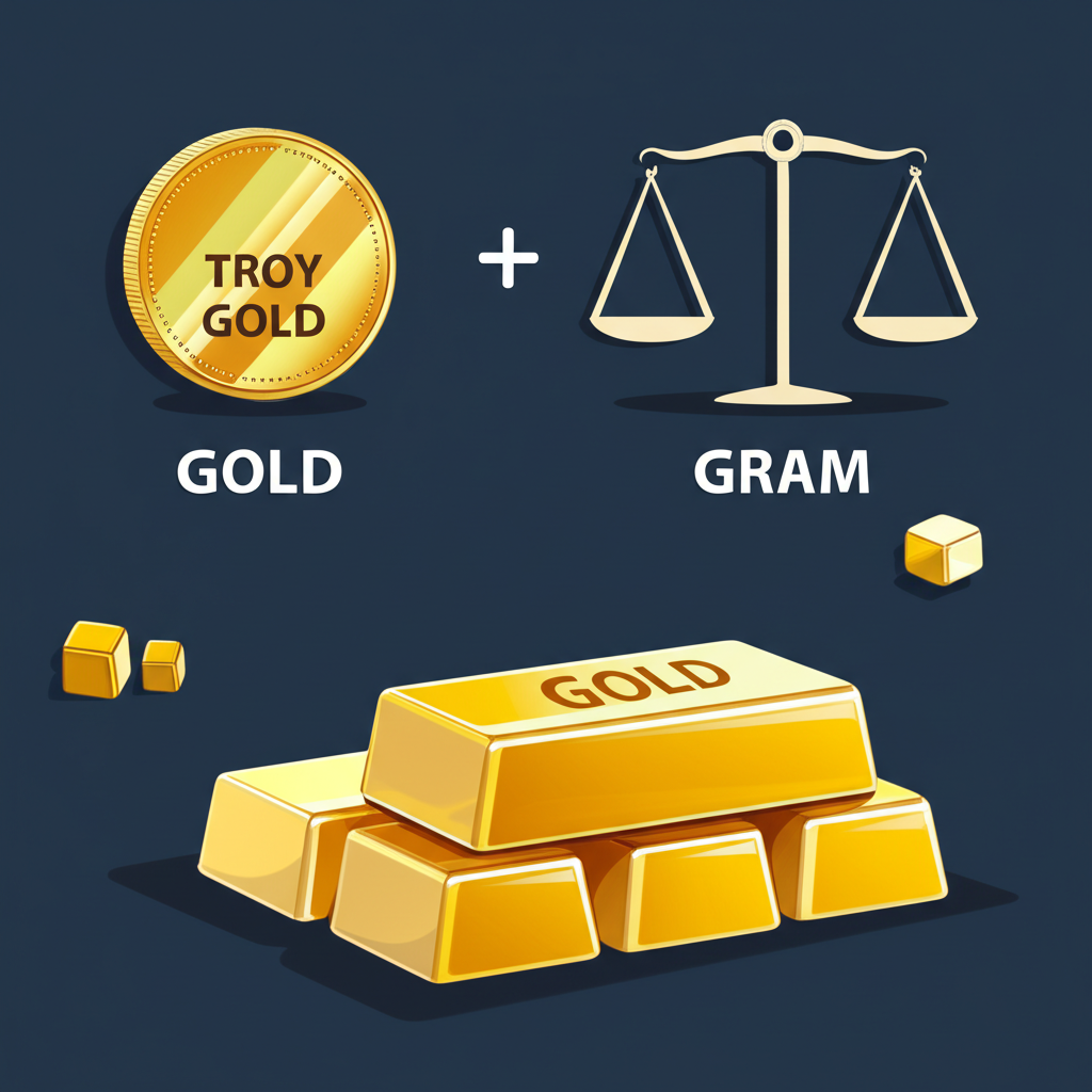 Illustration comparing troy ounce, gram, and kilogram gold units with scales and conversion symbols
