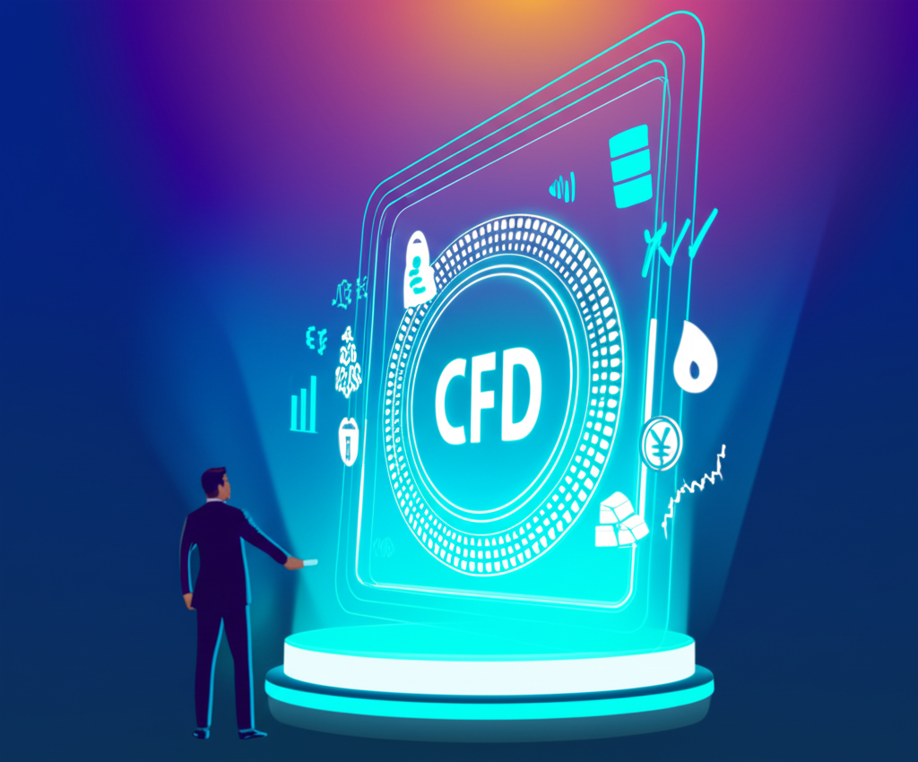 Digital gateway representing a CFD platform with financial asset icons and a confident trader