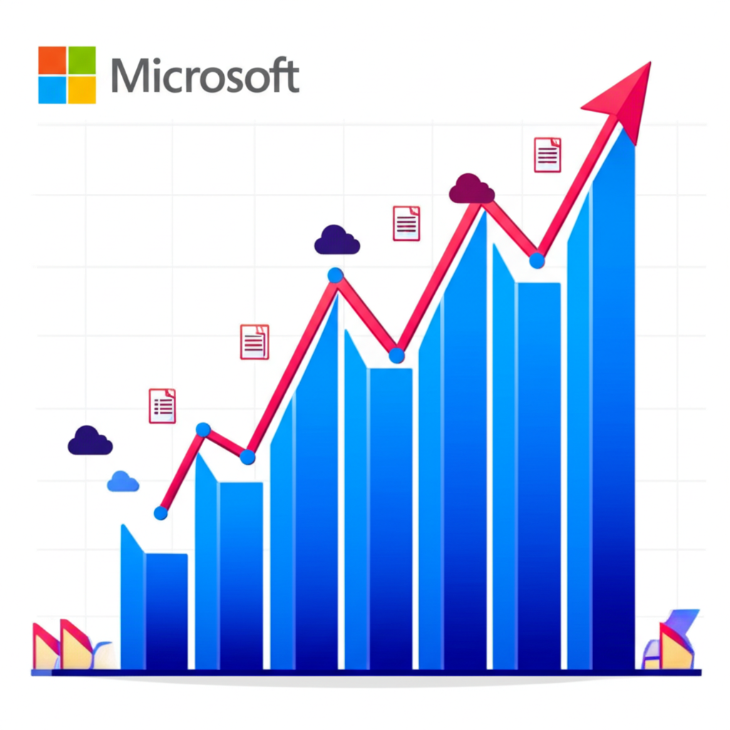 Microsoft logo on a stable financial graph with cloud servers and Office icons, representing diversified growth and innovation
