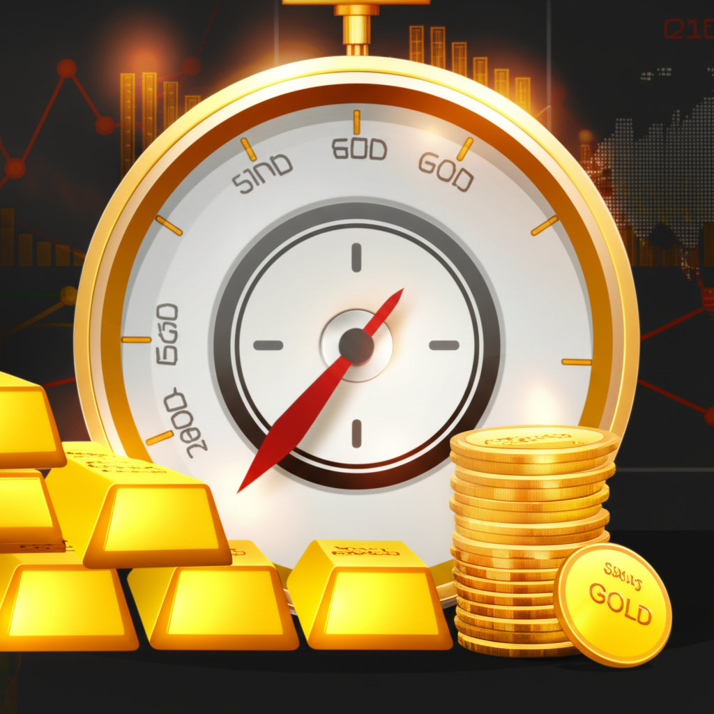 Illustration of gold as a global economic barometer with coins, bars, and financial charts