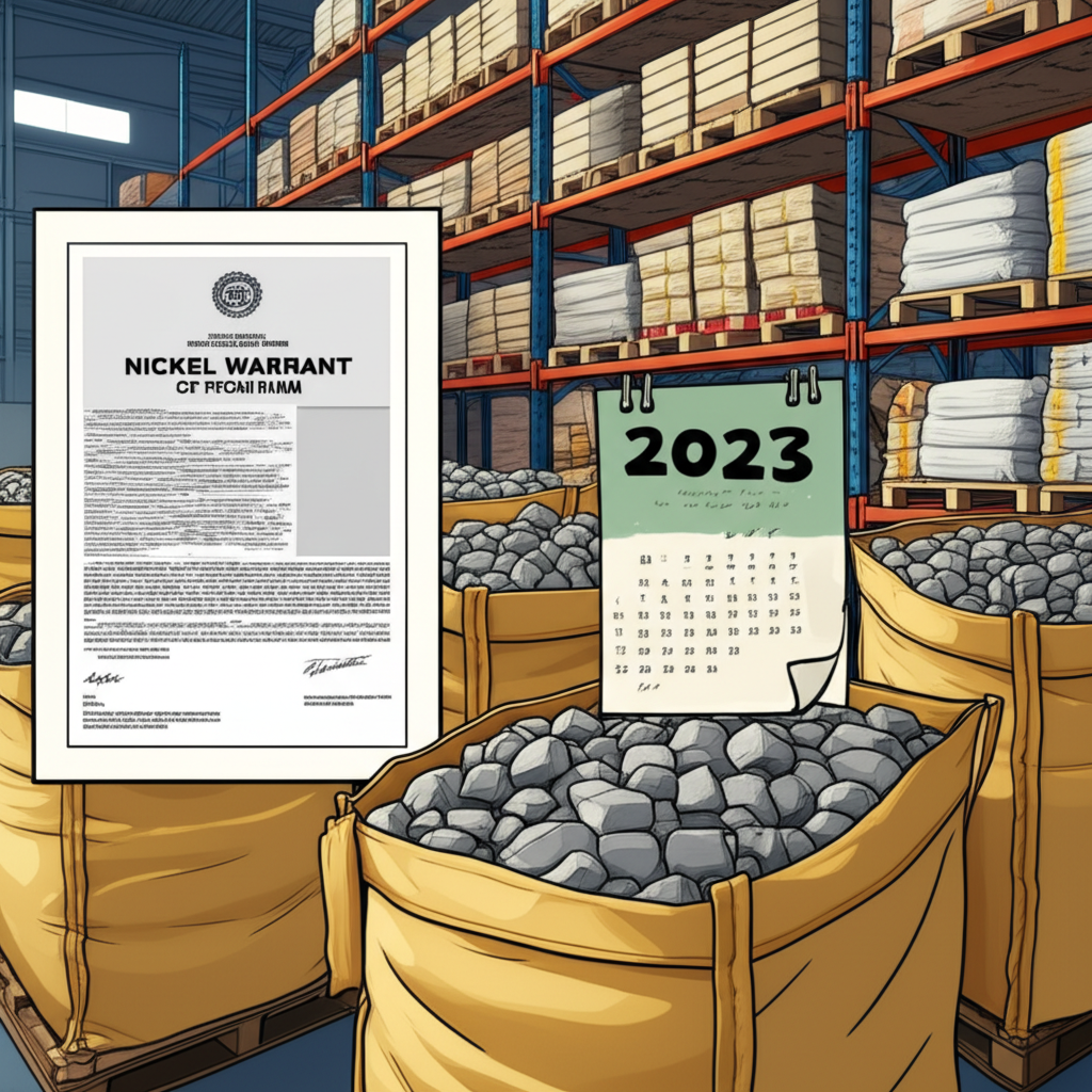 Illustration of a timeline showing a transition from a pristine nickel warrant document to a visual of bags being opened to reveal ordinary stones, with a warehouse setting in Rotterdam. A calendar marking early 2023 is present, illustration style.
