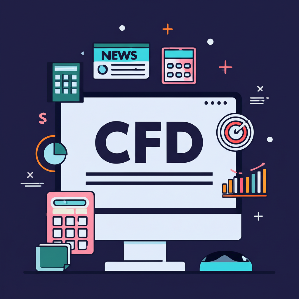 Illustration of a central CFD trading platform screen with orbiting icons representing charts, news, and calculators, showing the interconnected nature of trading tools