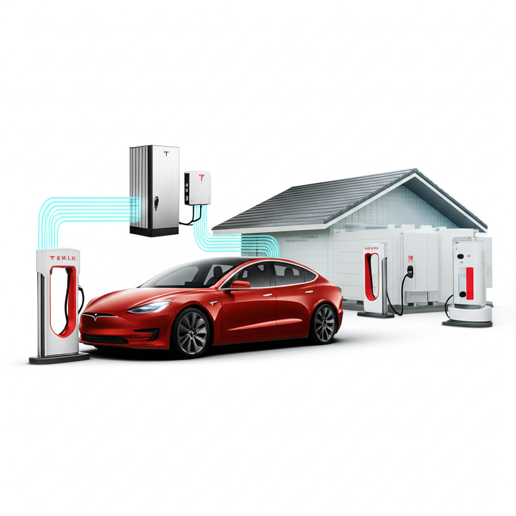 Illustration of Tesla's integrated ecosystem including EVs, Superchargers, Powerwall, and Megapack