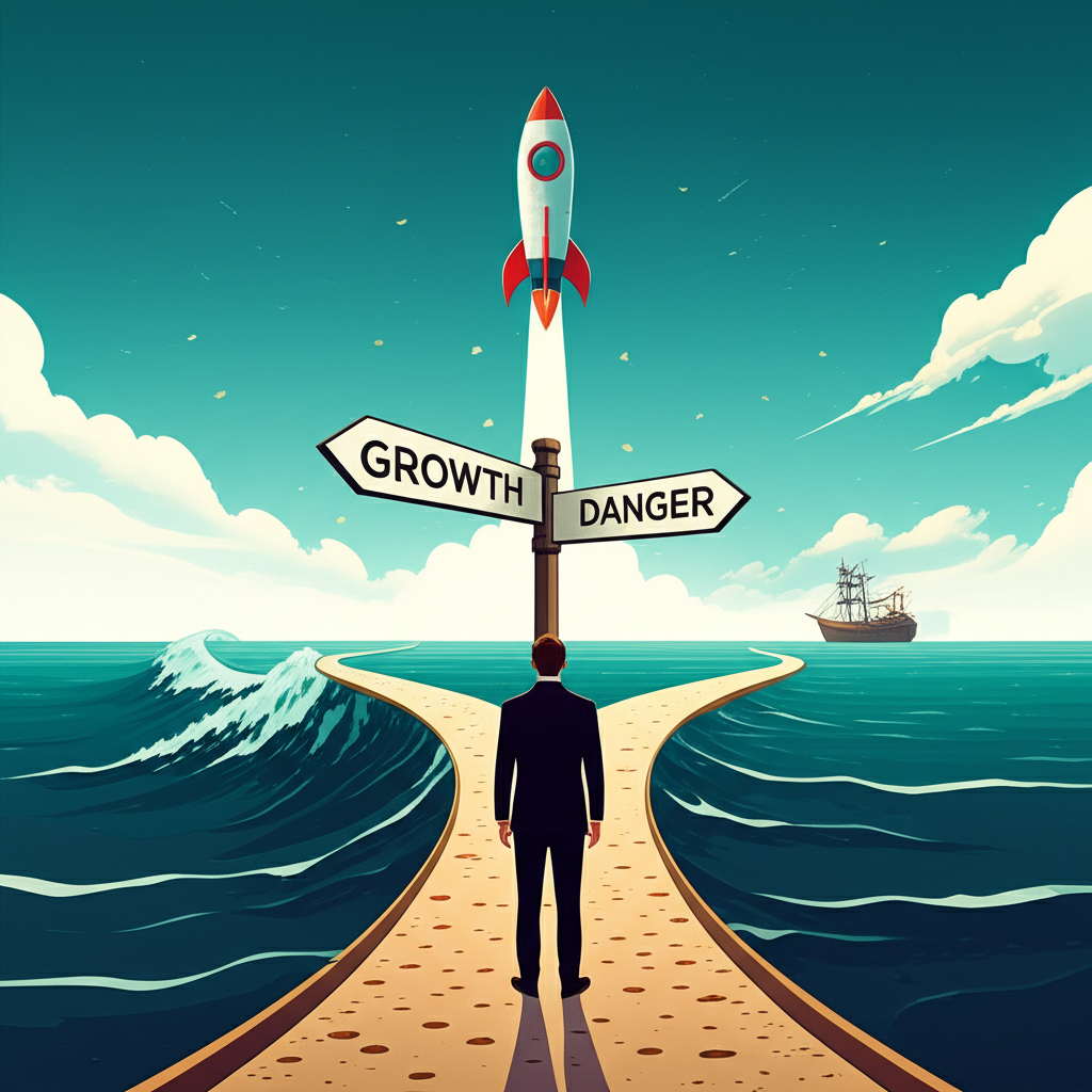 Illustration of a person standing at a crossroads, one path leading to a soaring rocket (growth) and the other to a stormy sea with a sinking ship (danger), symbolizing the allure and peril of penny stocks.