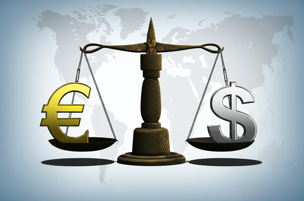 Illustration showing two distinct currencies, like Euro and US Dollar, balanced on a scale or interlocked, visually explaining base and quote currencies