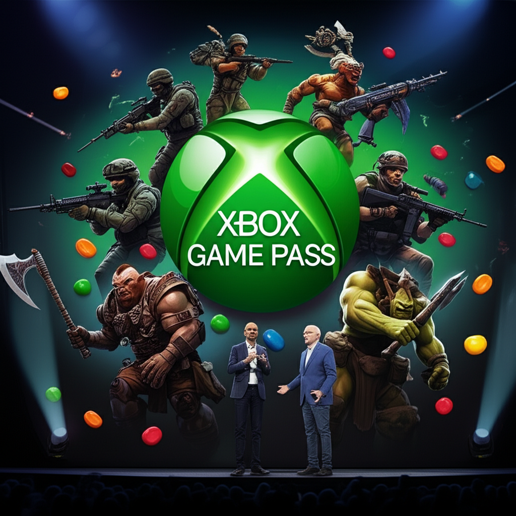 Satya Nadella and Phil Spencer announcing the acquisition with iconic game characters emerging from an Xbox Game Pass logo
