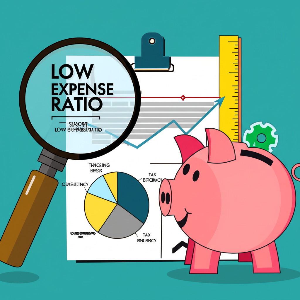 Financial metrics illustration showing expense ratio, tracking error, consistency, diversification, and tax efficiency in an educational layout