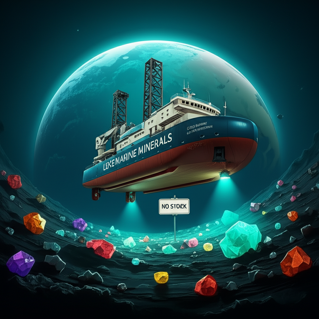 Futuristic deep-sea mining vessel exploring ocean floor with glowing minerals and 'No Stock' sign, symbolizing Loke Marine Minerals' private status and role in green energy transition